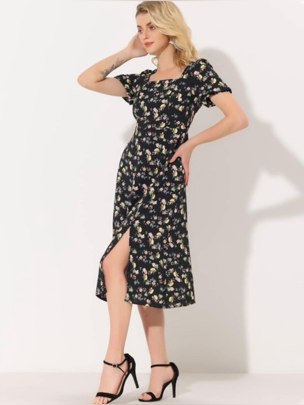 🆕 NWT Allegra K Women's Summer Square Neck Puff Short Sleeve Dress in Floral